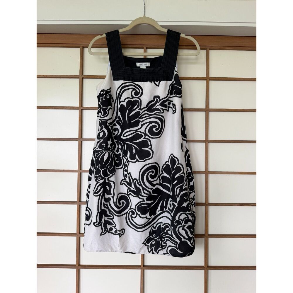 White House Black Market Size 6 Black White Floral Cotton Silk Shift Dress